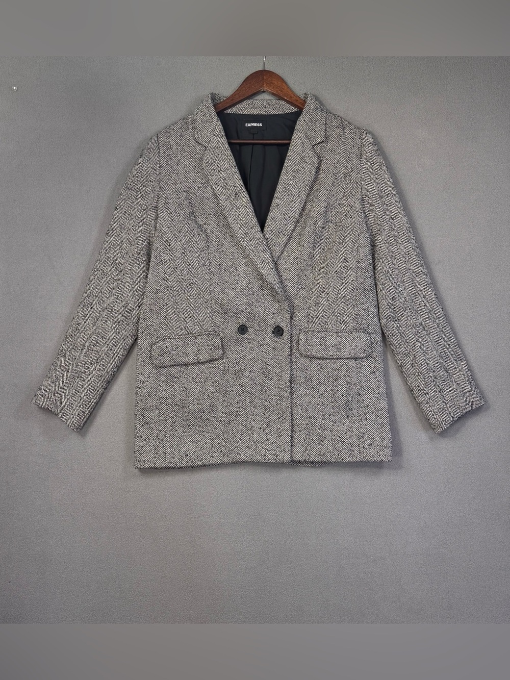 Express Gray Herringbone Double-Breasted Wool Blend Tweed Style Blazer, Medium